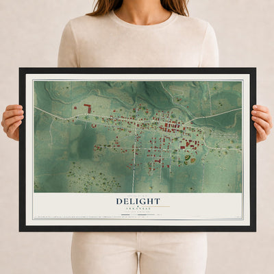 Map of Delight, Arkansas, 12 x 18 inch print in a black wood frame