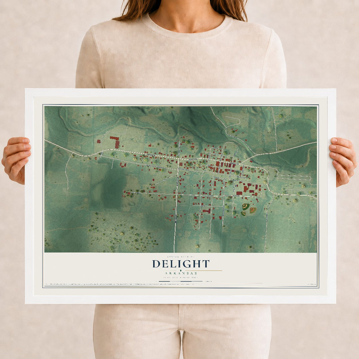 Map of Delight, Arkansas, 12 x 18 inch print in a white wood frame