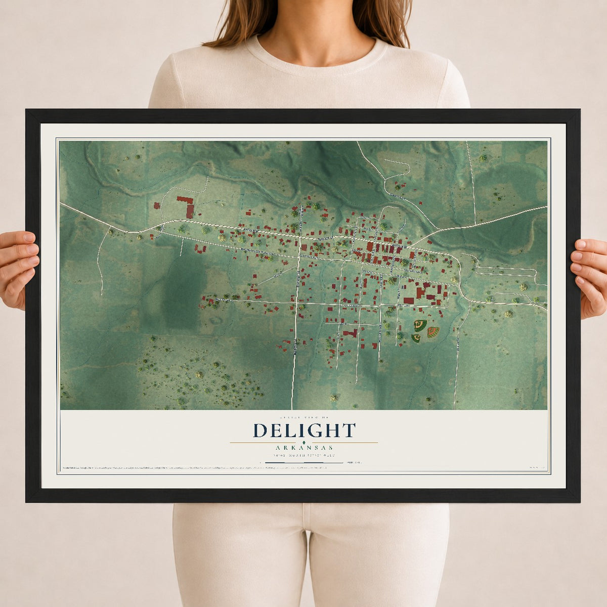 Map of Delight, Arkansas, 18 x 24 inch print in a black wood frame