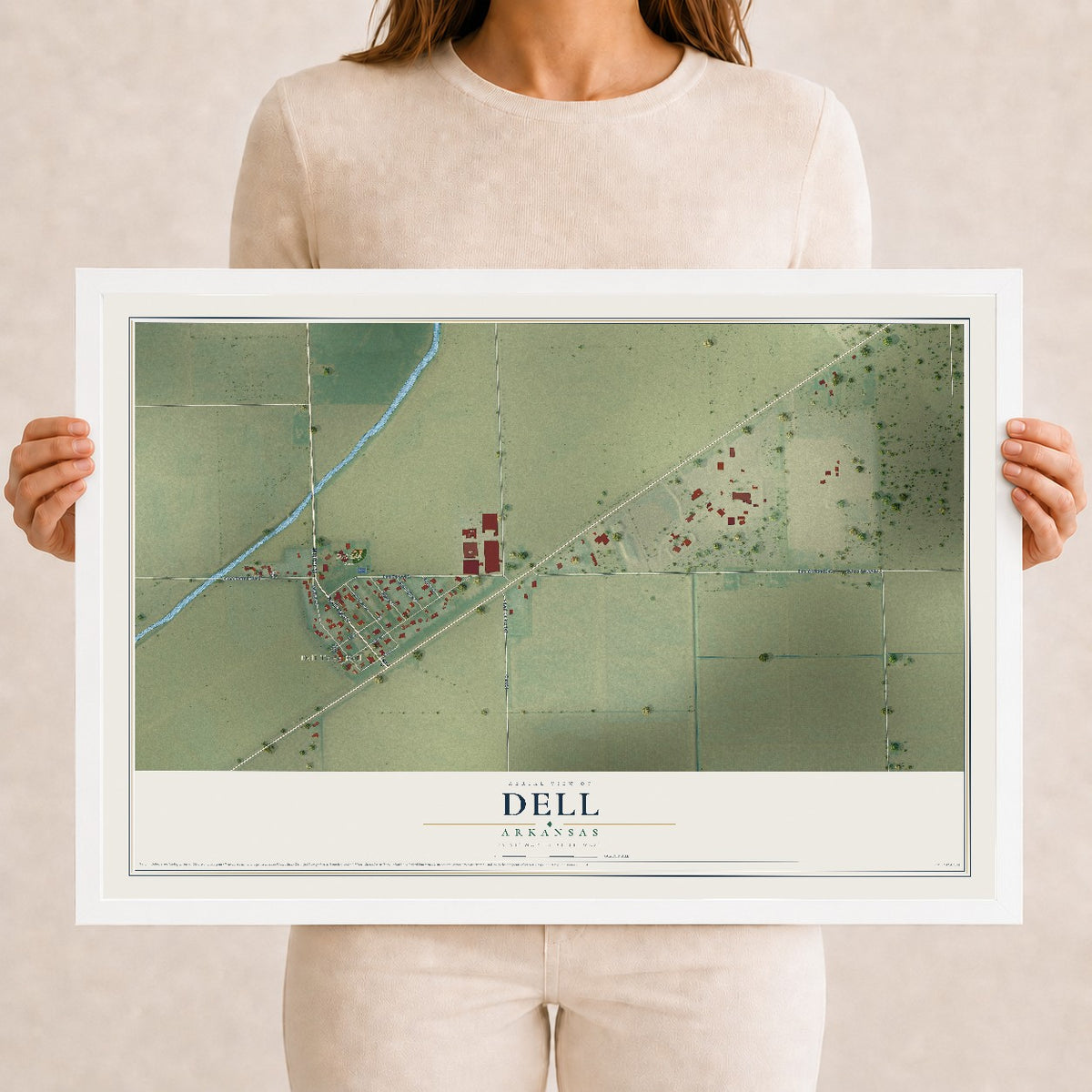 Map of Dell, Arkansas, 12 x 18 inch print in a white wood frame