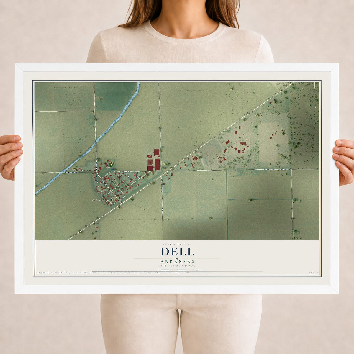 Map of Dell, Arkansas, 18 x 24 inch print in a white wood frame