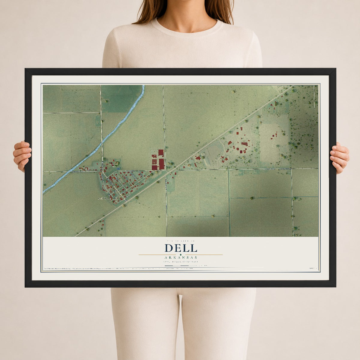 Map of Dell, Arkansas, 24 x 36 inch print in a black wood frame