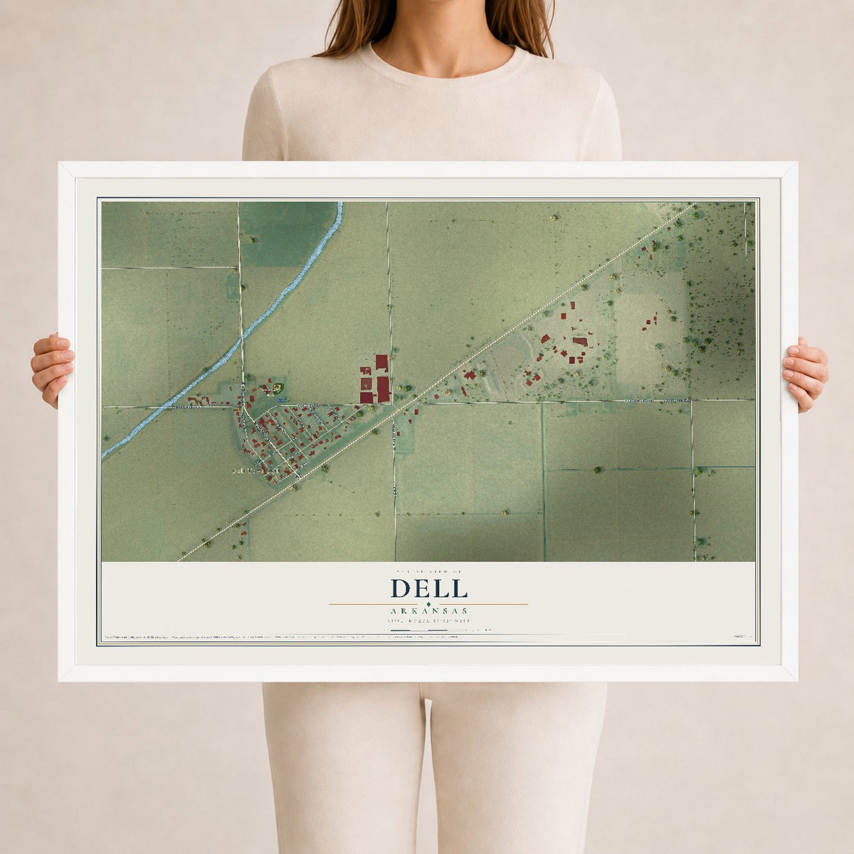 Map of Dell, Arkansas, 24 x 36 inch print in a white wood frame