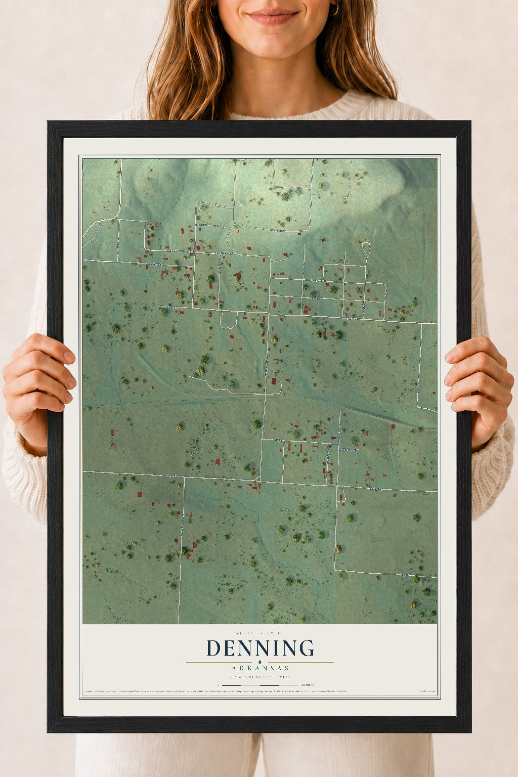 Map of Denning, Arkansas, 18 x 24 inch print in a black wood frame