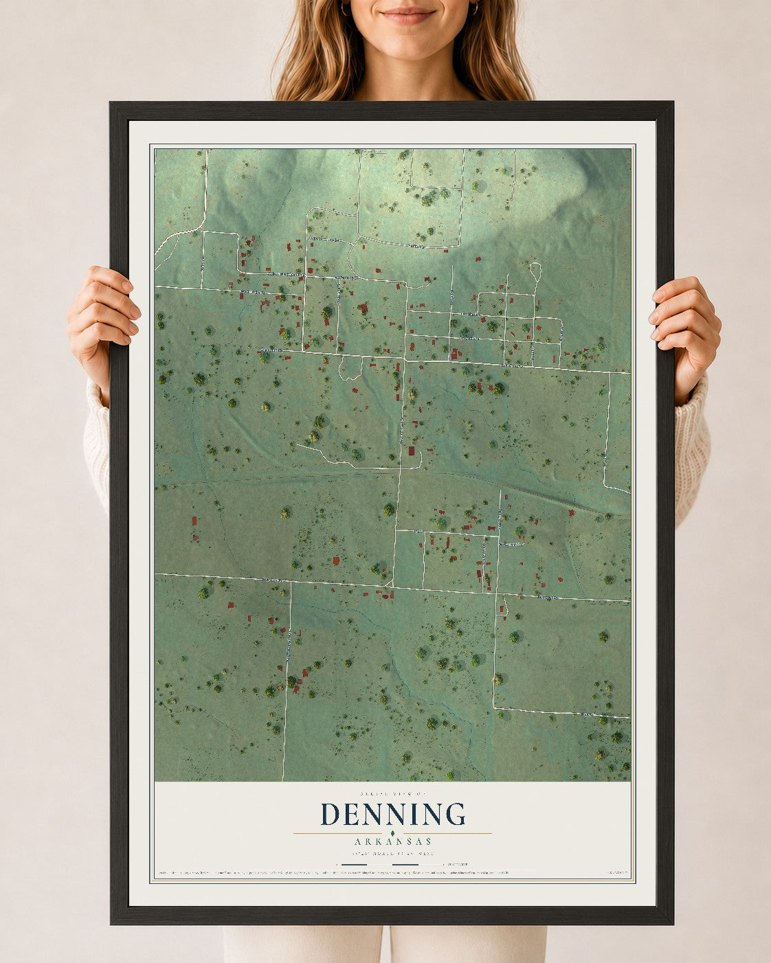 Map of Denning, Arkansas, 24 x 36 inch print in a black wood frame