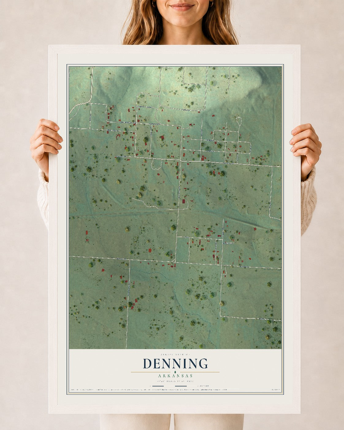 Map of Denning, Arkansas, 24 x 36 inch print in a white wood frame