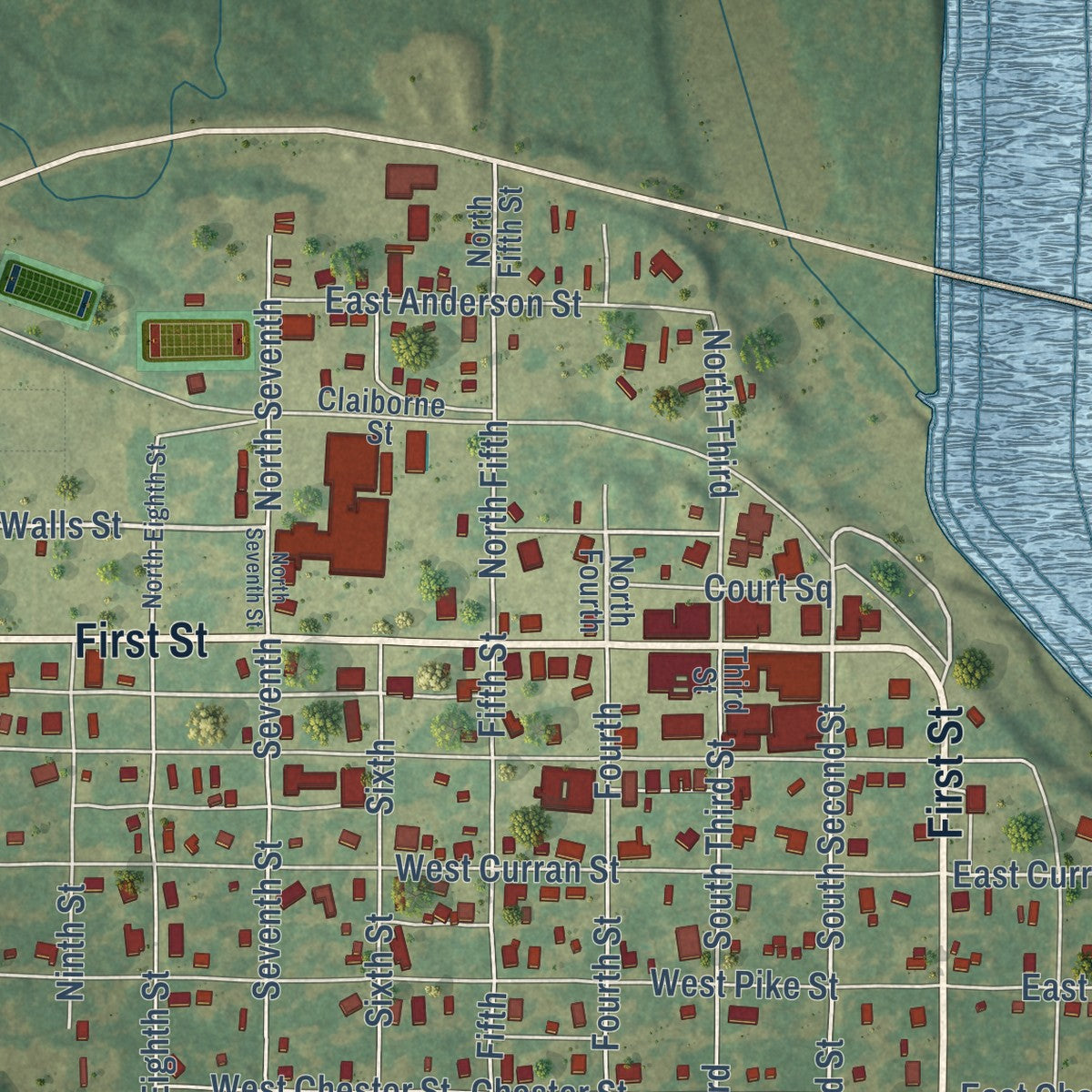 Close-up of the map of Des Arc, Arkansas print showing street and building detail
