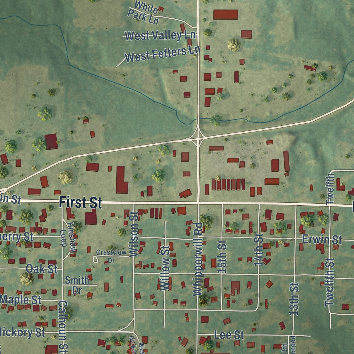 Second close-up of the map of Des Arc, Arkansas print showing more streets and buildings