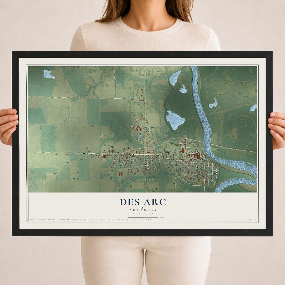 Map of Des Arc, Arkansas, 18 x 24 inch print in a black wood frame