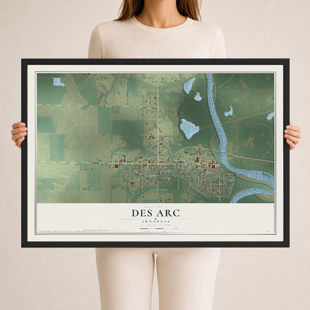 Map of Des Arc, Arkansas, 24 x 36 inch print in a black wood frame