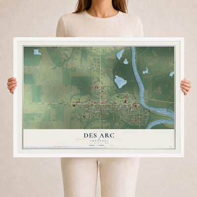 Map of Des Arc, Arkansas, 24 x 36 inch print in a white wood frame