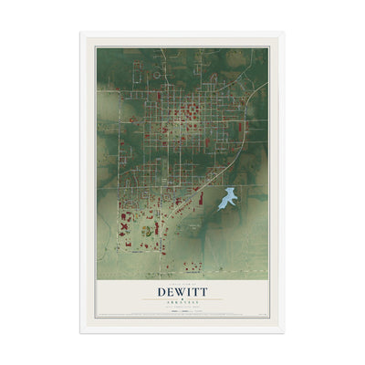 Map of DeWitt, Arkansas, 12 x 18 inch print in a white wood frame