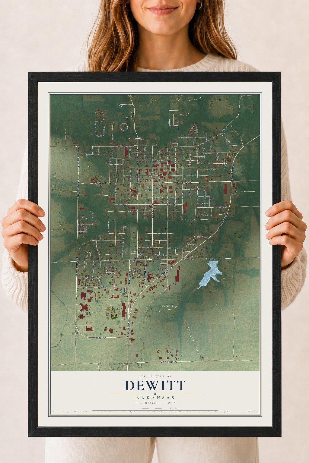 Map of DeWitt, Arkansas, 18 x 24 inch print in a black wood frame