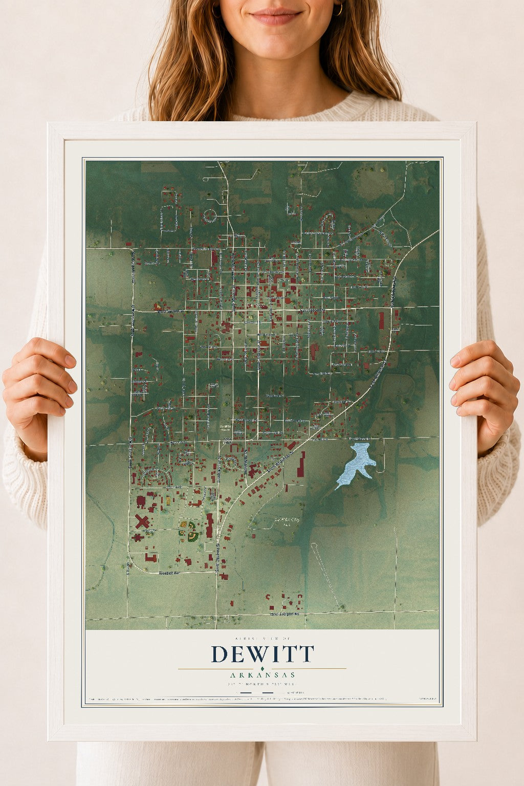 Map of DeWitt, Arkansas, 18 x 24 inch print in a white wood frame