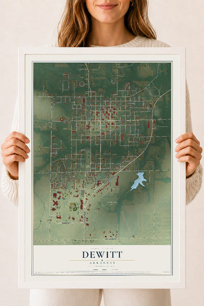 Map of DeWitt, Arkansas, 18 x 24 inch print in a white wood frame