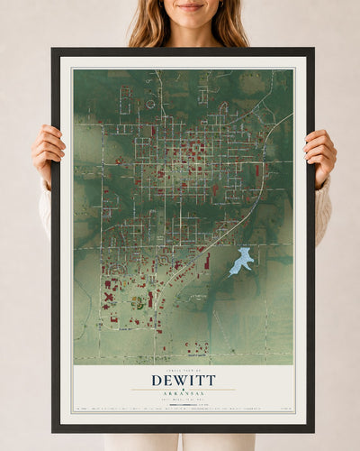 Map of DeWitt, Arkansas, 24 x 36 inch print in a black wood frame