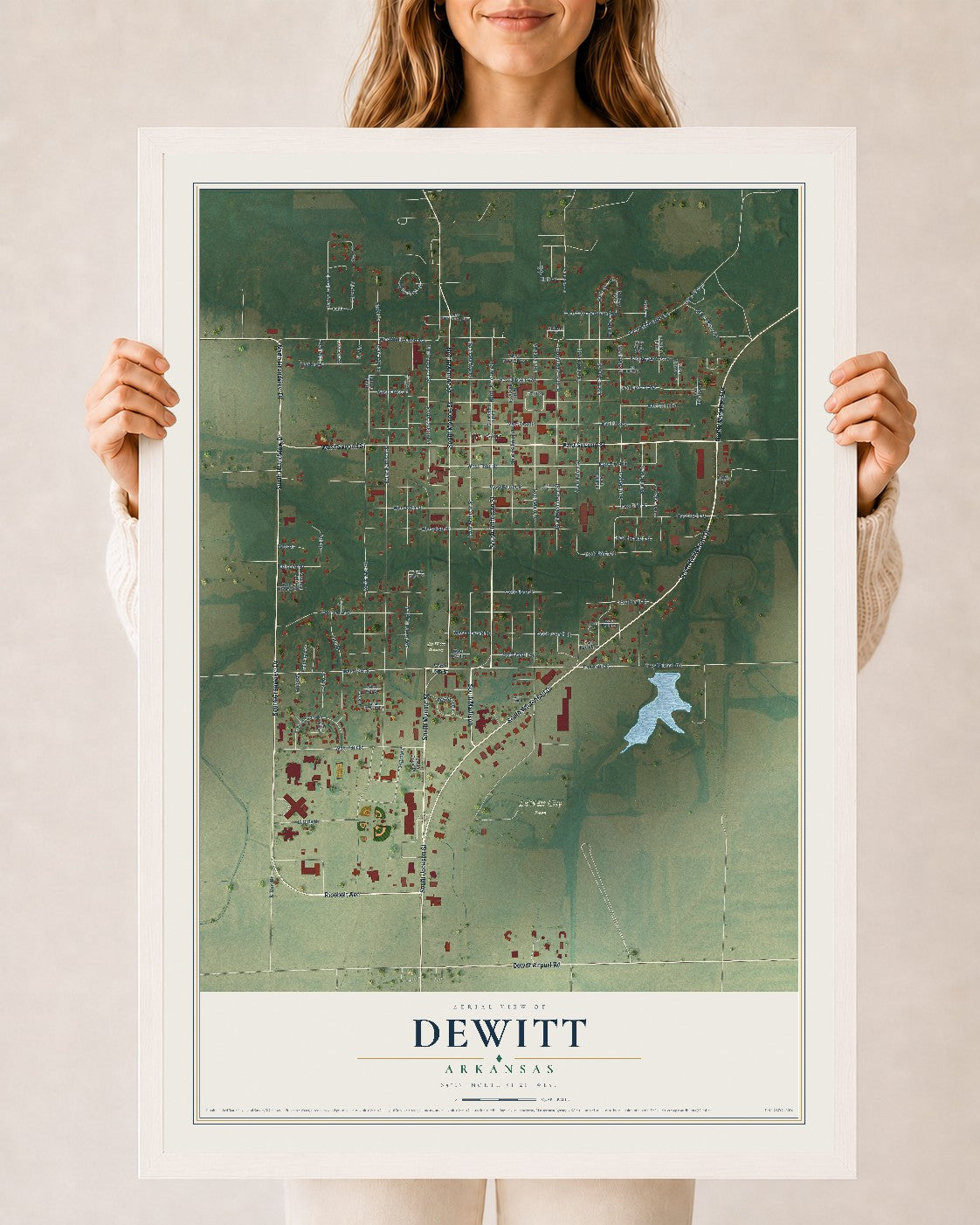 Map of DeWitt, Arkansas, 24 x 36 inch print in a white wood frame