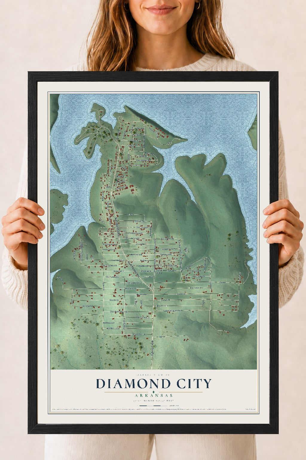 Map of Diamond City, Arkansas, 18 x 24 inch print in a black wood frame