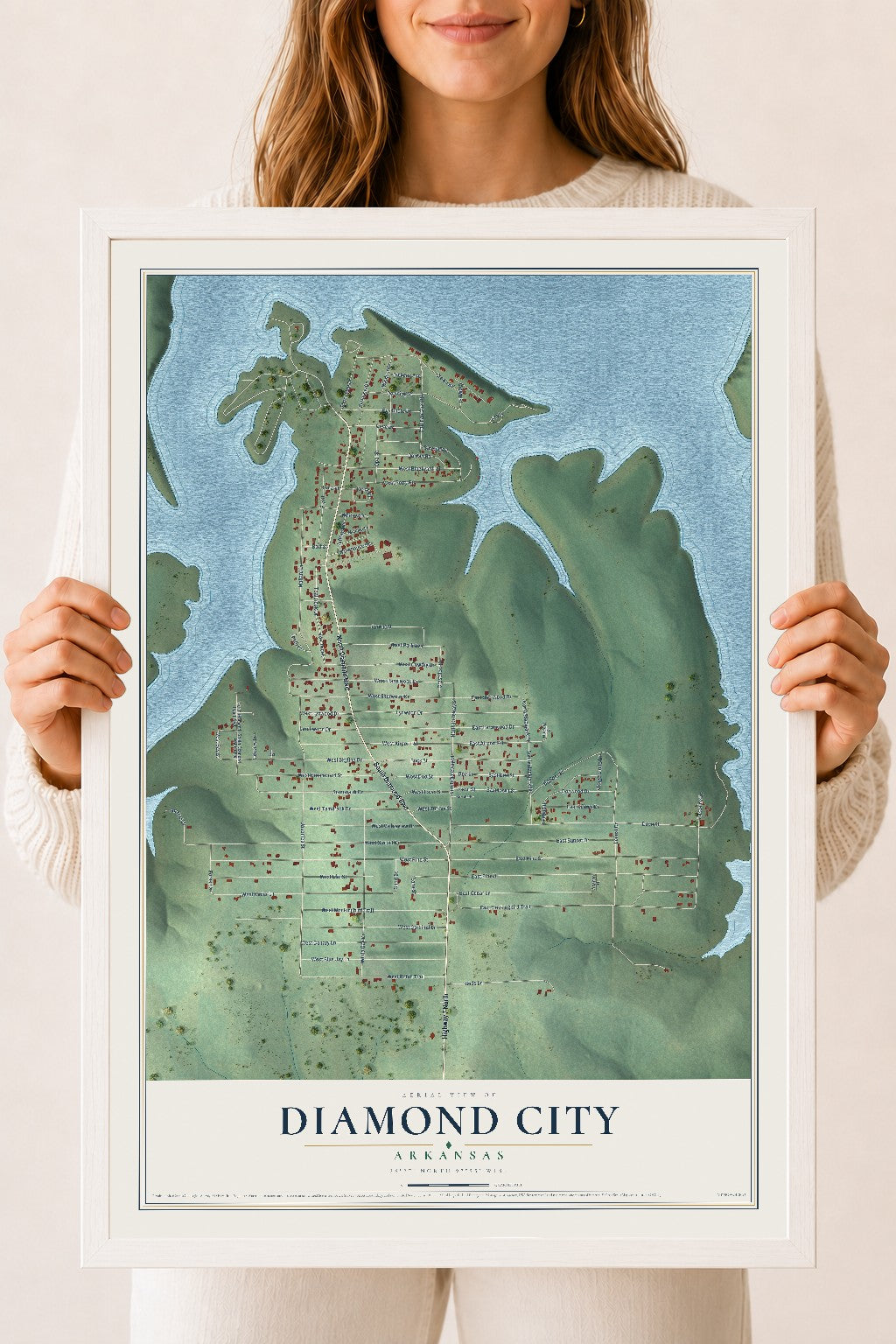 Map of Diamond City, Arkansas, 18 x 24 inch print in a white wood frame