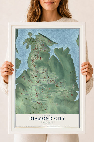 Map of Diamond City, Arkansas, 18 x 24 inch print in a white wood frame