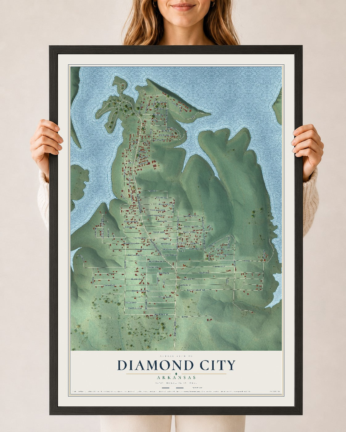 Map of Diamond City, Arkansas, 24 x 36 inch print in a black wood frame