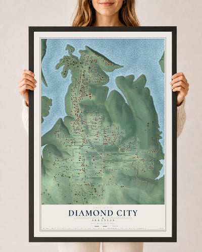 Map of Diamond City, Arkansas, 24 x 36 inch print in a black wood frame