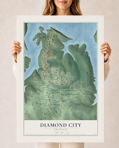 Map of Diamond City, Arkansas, 24 x 36 inch print in a white wood frame