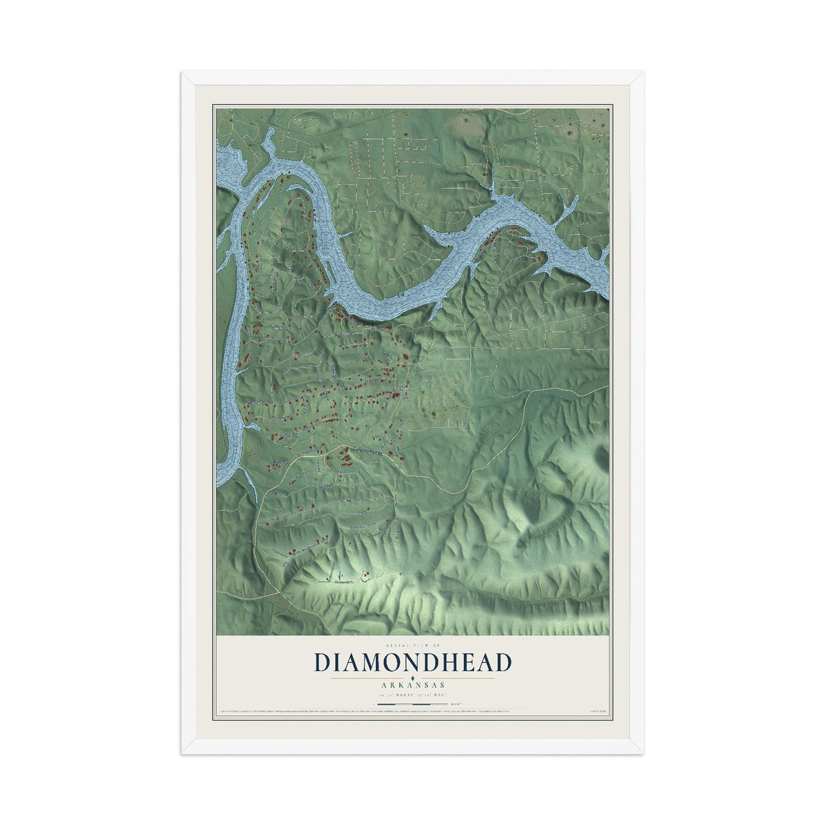 Map of Diamondhead, Arkansas, 12 x 18 inch print in a white wood frame