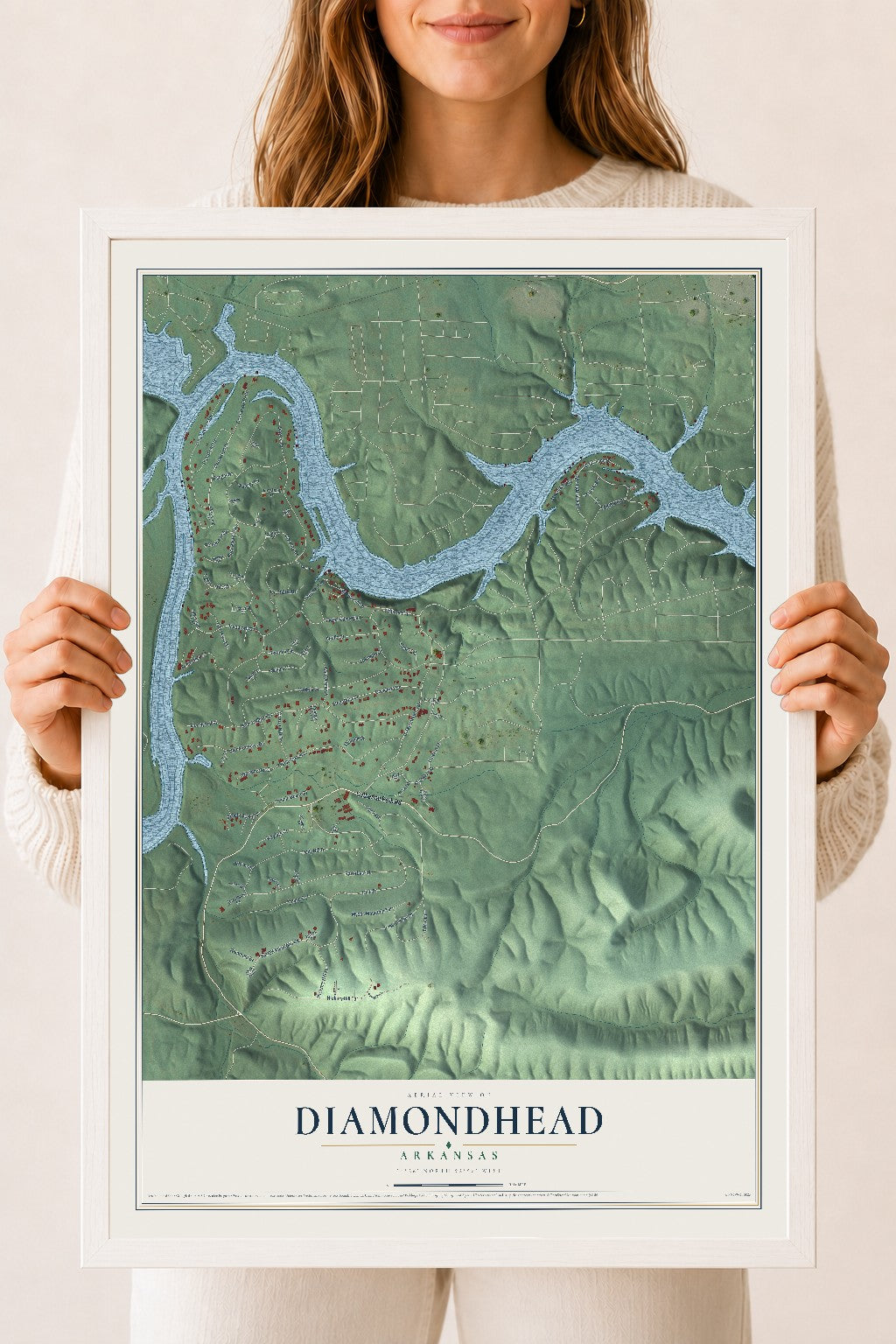 Map of Diamondhead, Arkansas, 18 x 24 inch print in a white wood frame