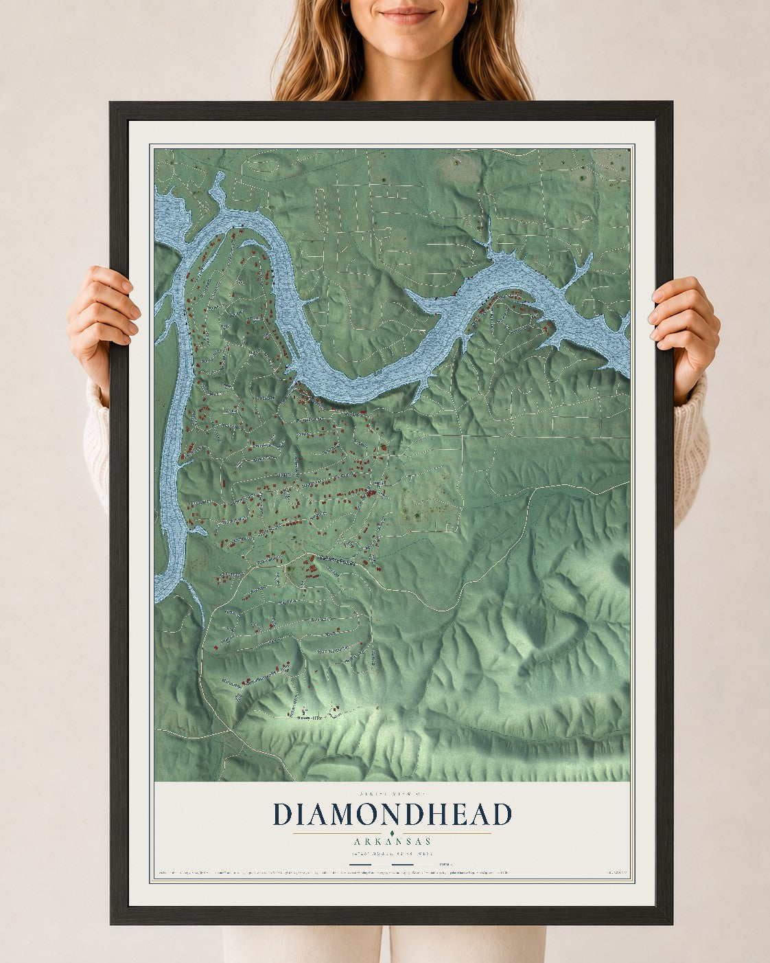 Map of Diamondhead, Arkansas, 24 x 36 inch print in a black wood frame