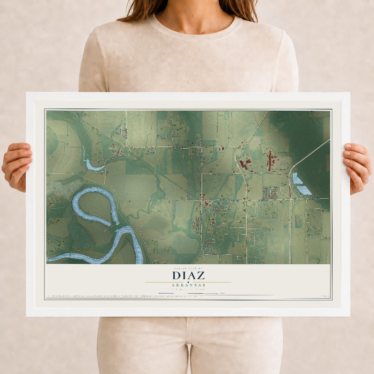 Map of Diaz, Arkansas, 12 x 18 inch print in a white wood frame