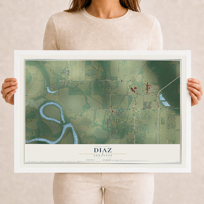 Map of Diaz, Arkansas, 12 x 18 inch print in a white wood frame