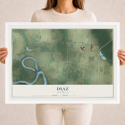 Map of Diaz, Arkansas, 18 x 24 inch print in a white wood frame