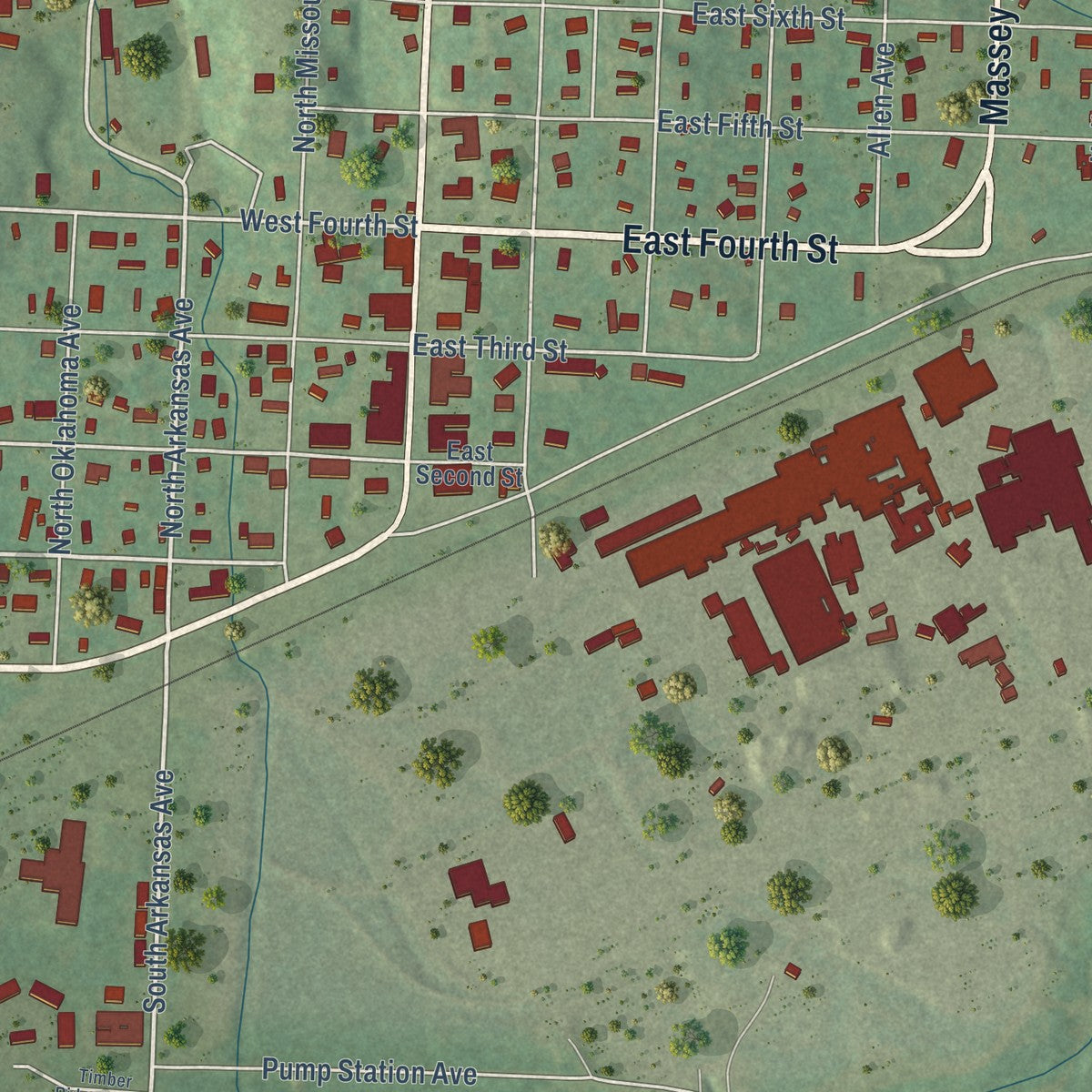 Close-up of the map of Dierks, Arkansas print showing street and building detail