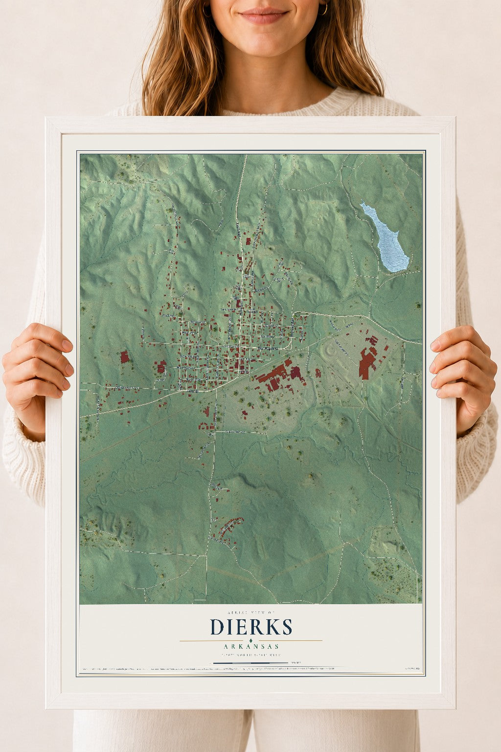 Map of Dierks, Arkansas, 18 x 24 inch print in a white wood frame