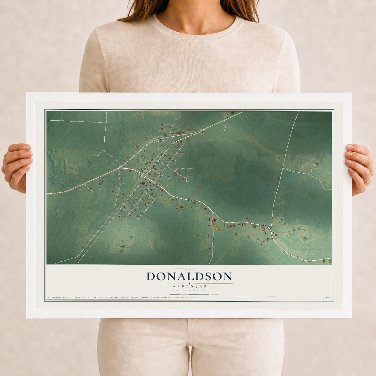 Map of Donaldson, Arkansas, 12 x 18 inch print in a white wood frame