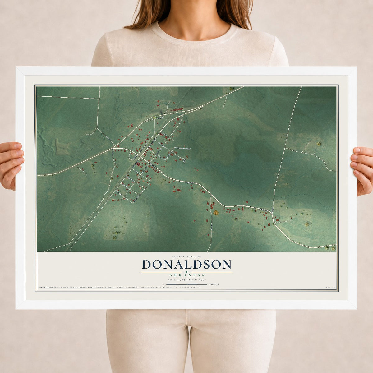Map of Donaldson, Arkansas, 18 x 24 inch print in a white wood frame