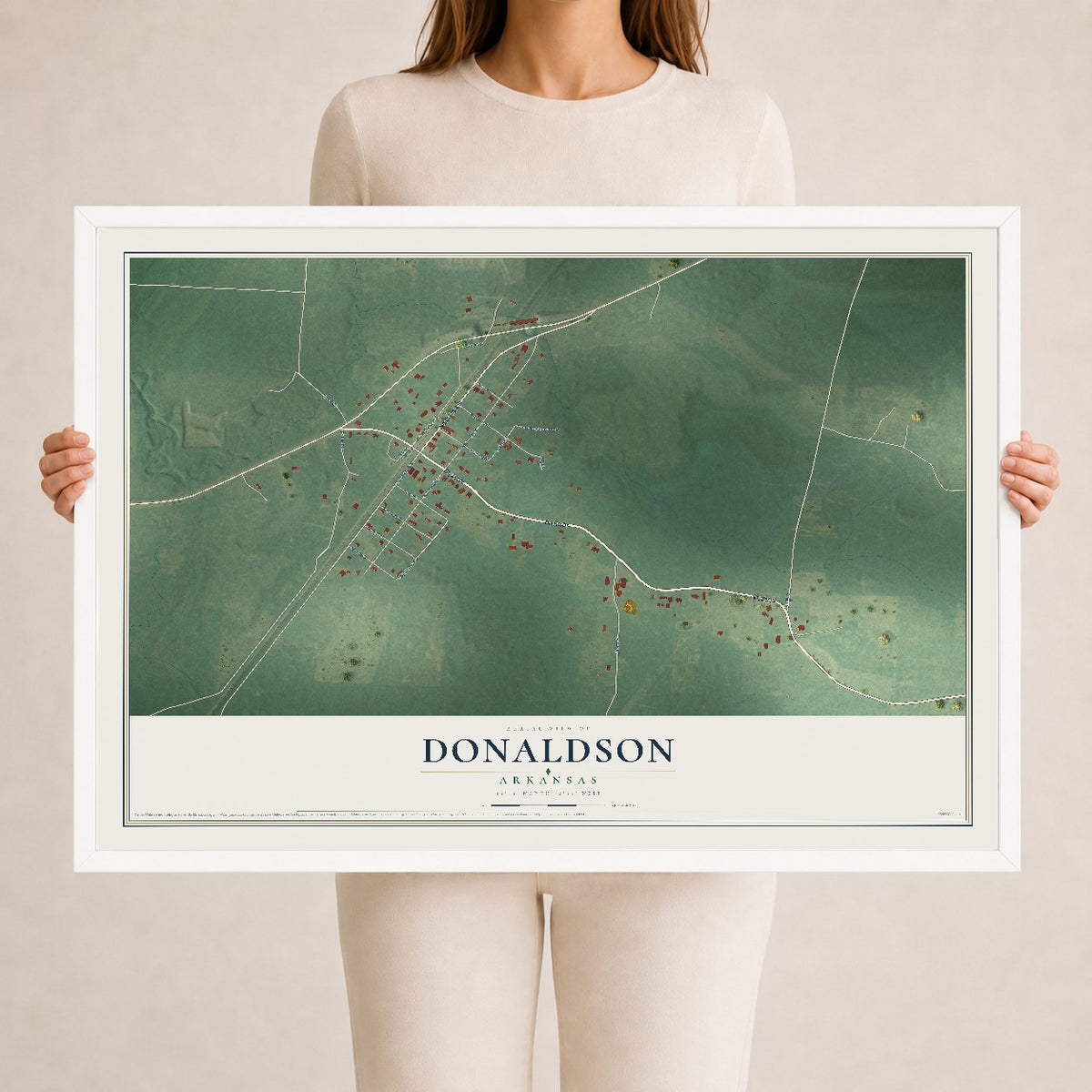 Map of Donaldson, Arkansas, 24 x 36 inch print in a white wood frame