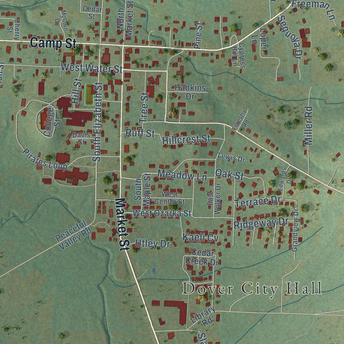 Close-up of the map of Dover, Arkansas print showing street and building detail