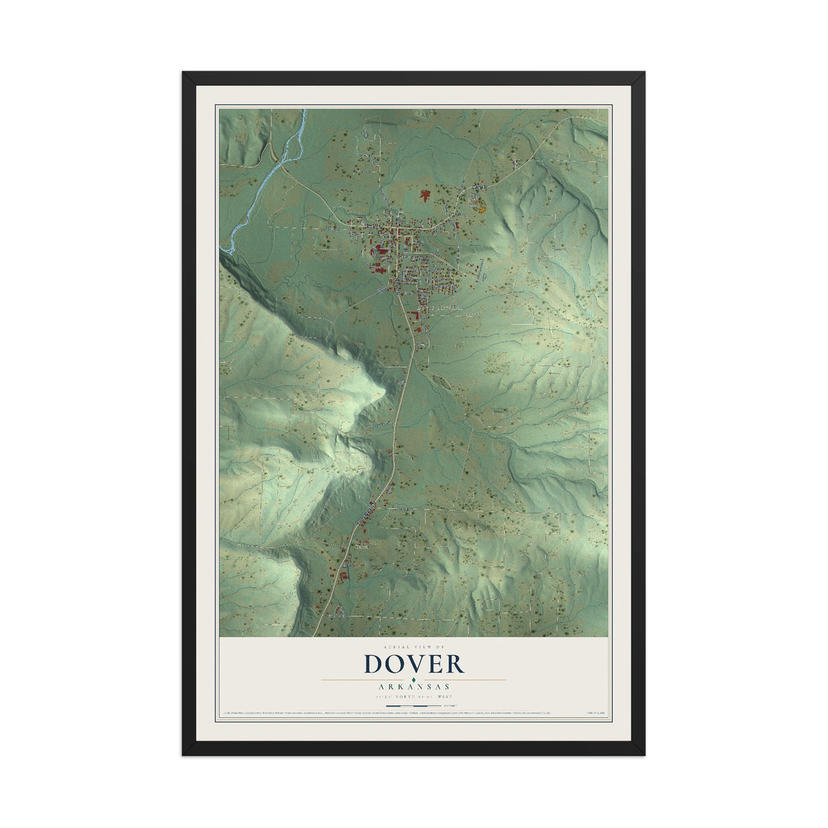 Map of Dover, Arkansas, 12 x 18 inch print in a black wood frame