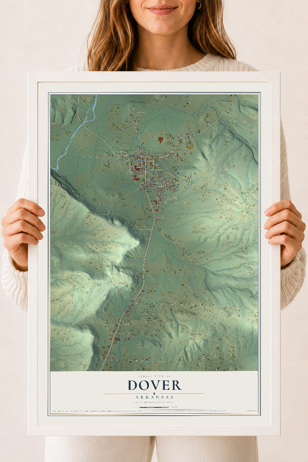 Map of Dover, Arkansas, 18 x 24 inch print in a white wood frame