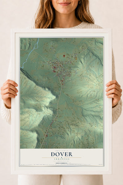 Map of Dover, Arkansas, 18 x 24 inch print in a white wood frame