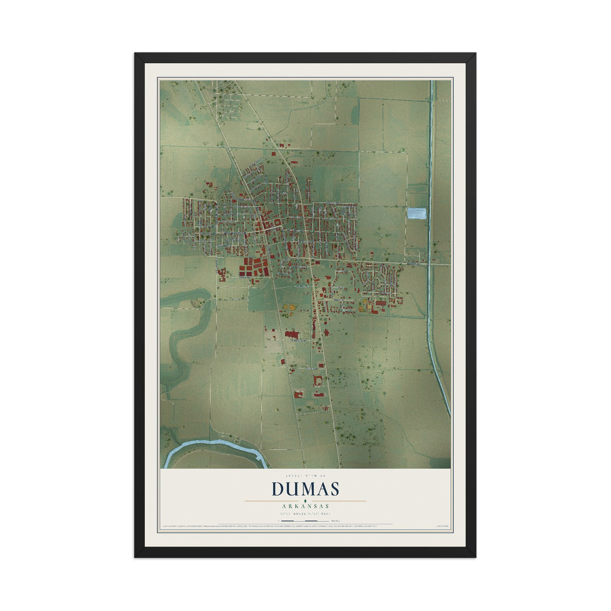Map of Dumas, Arkansas, 12 x 18 inch print in a black wood frame