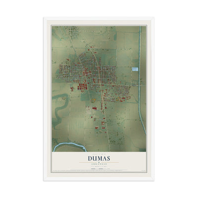 Map of Dumas, Arkansas, 12 x 18 inch print in a white wood frame