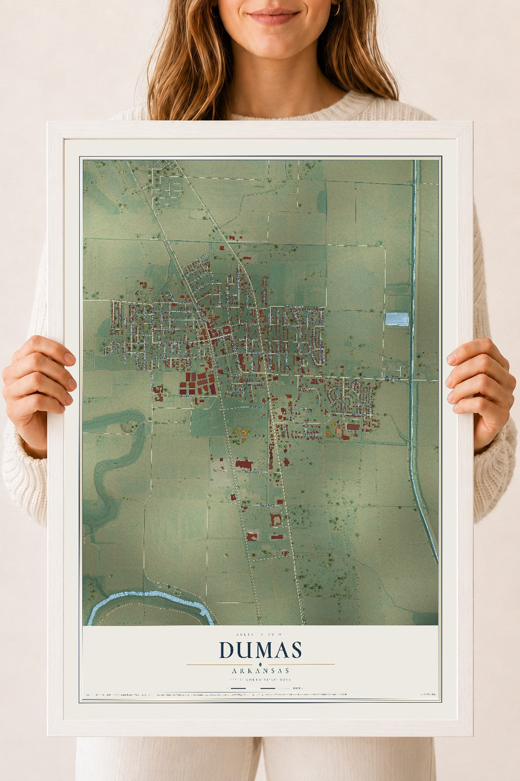 Map of Dumas, Arkansas, 18 x 24 inch print in a white wood frame