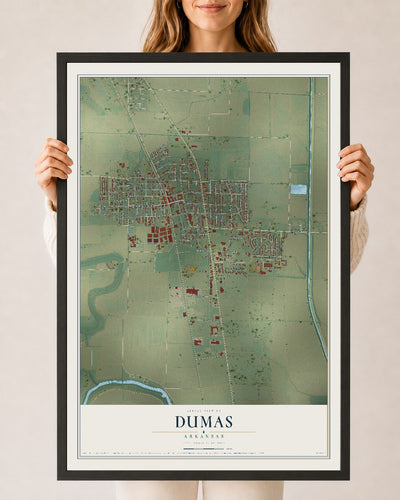 Map of Dumas, Arkansas, 24 x 36 inch print in a black wood frame