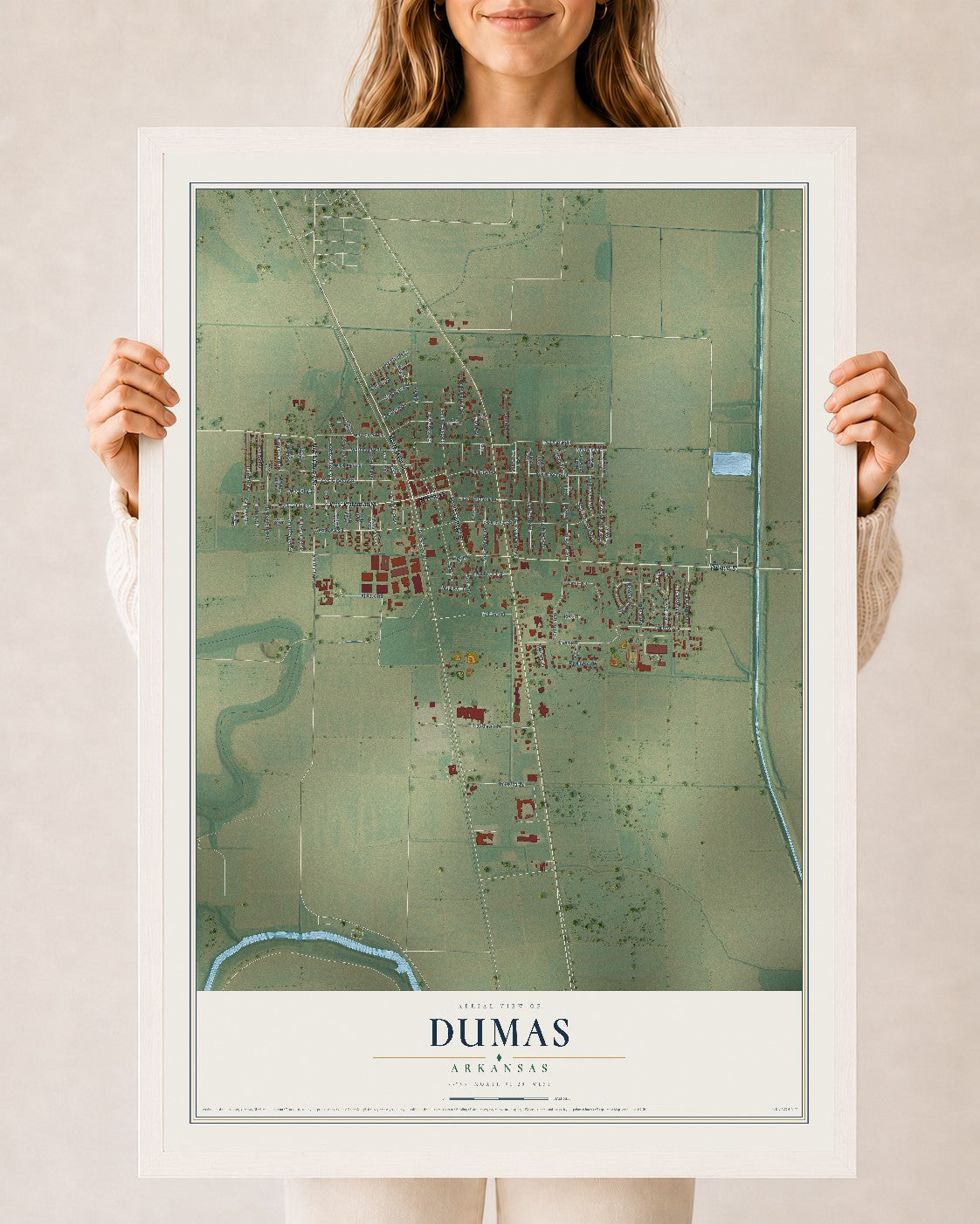 Map of Dumas, Arkansas, 24 x 36 inch print in a white wood frame