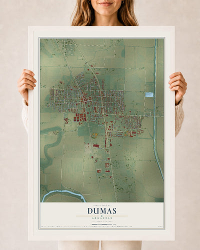 Map of Dumas, Arkansas, 24 x 36 inch print in a white wood frame