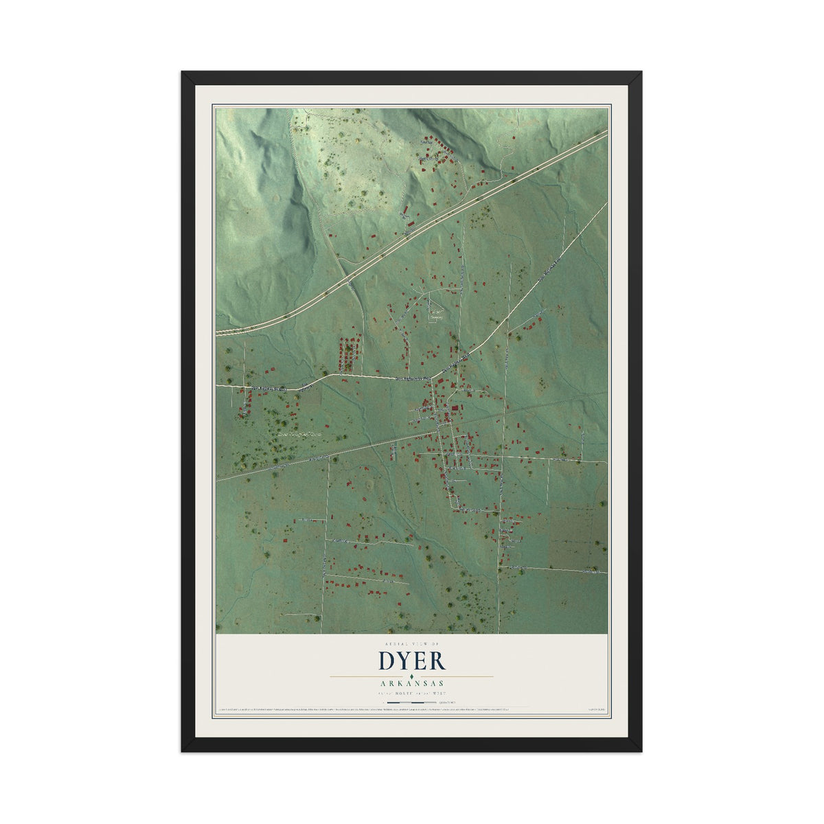 Map of Dyer, Arkansas, 12 x 18 inch print in a black wood frame