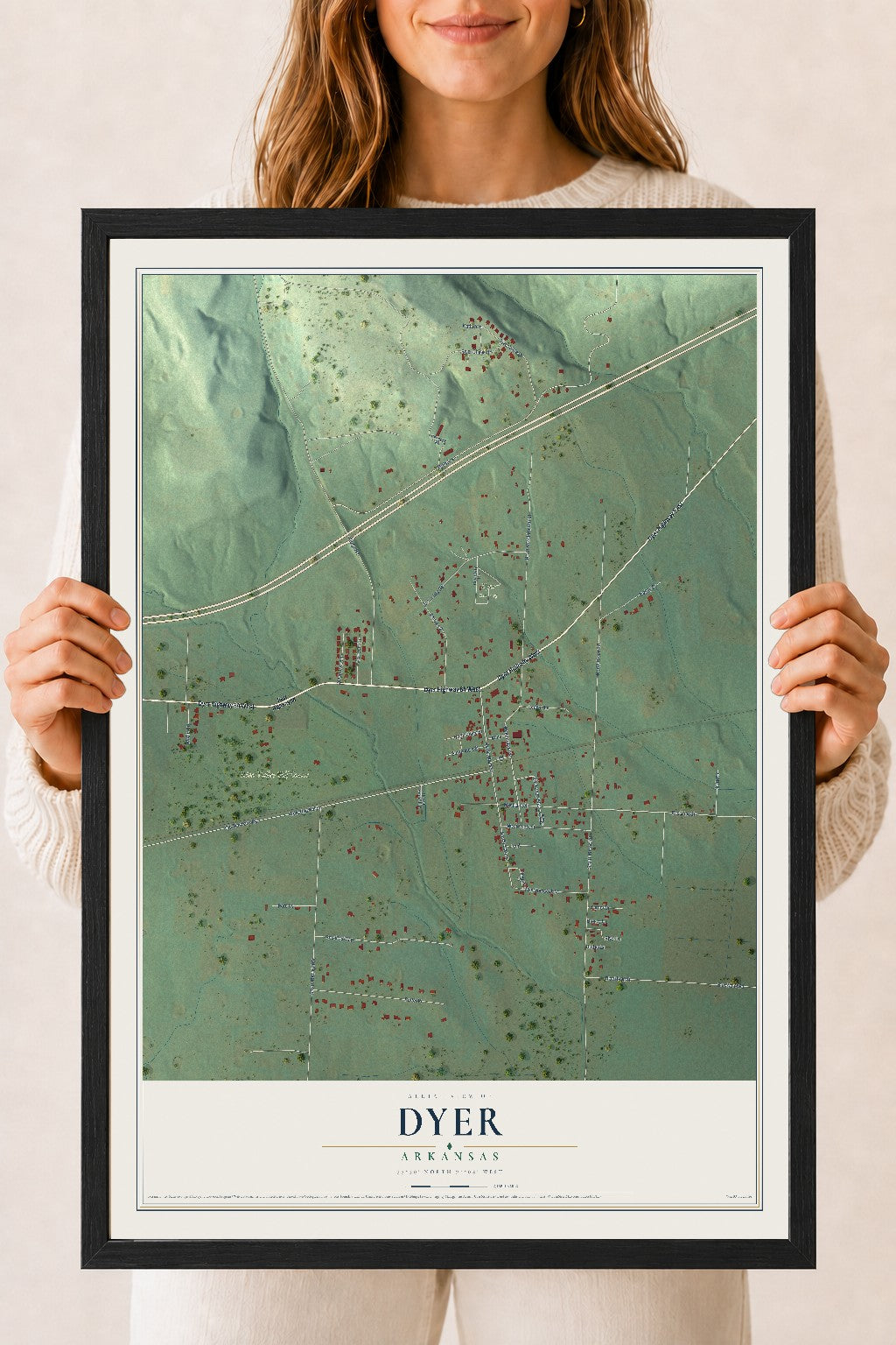 Map of Dyer, Arkansas, 18 x 24 inch print in a black wood frame